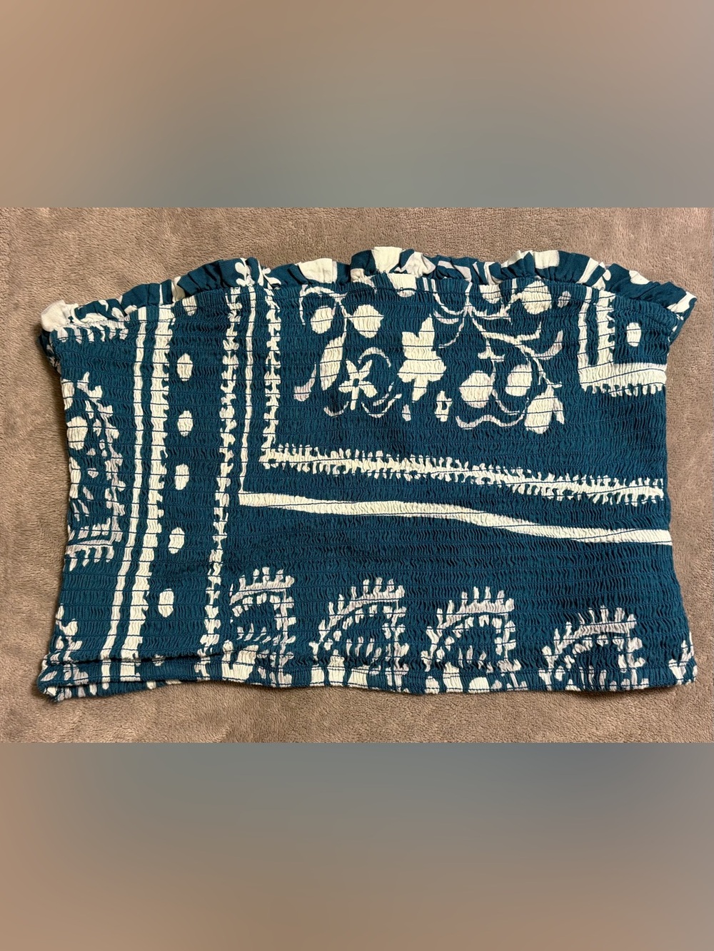 Smocked Strapless Tube Top - Teal & White